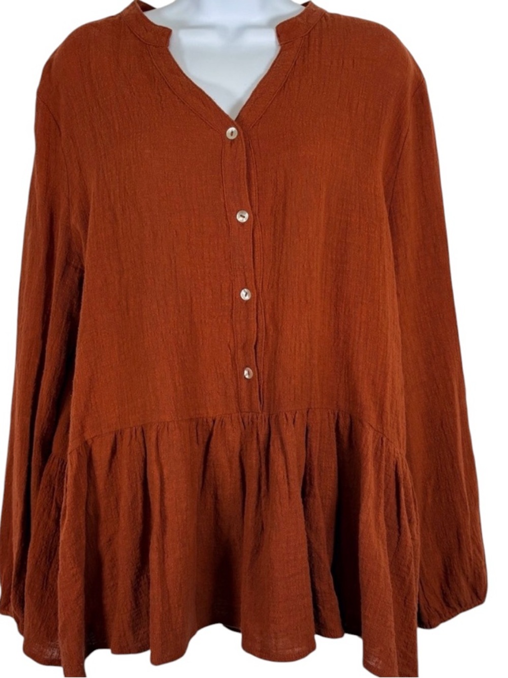 Miss Love Rust Orange Cotton Gauze Babydoll Top Size L Boho Peplum Blouse